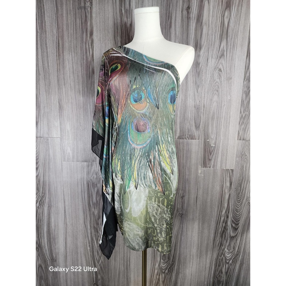 Cefian USA Peacock Print One Shoulder Mini Dress Green Blue Large D2215-A‎